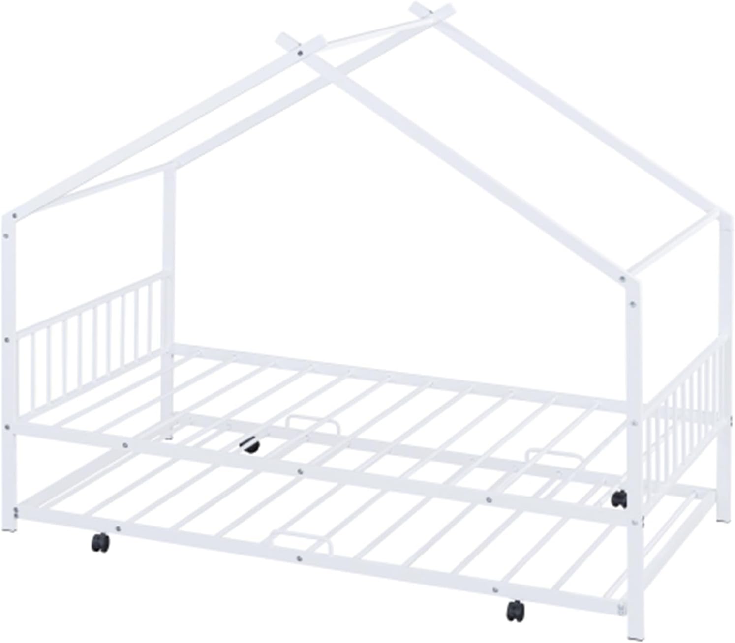 Modern Minimalist Double Metal House Bed House Shape with Double Trundle Bed, White
