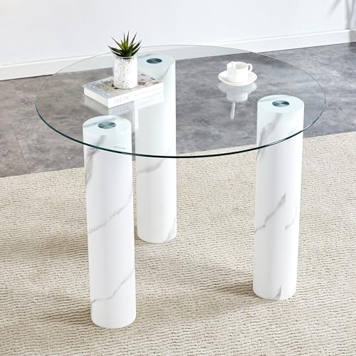 Fuerdich Dining Table Set for 4, Kitchen Table Round Transparent Tempered Glass White MDF Legs Dining Room Desk Set for 4, 40 * 40 * 29.4 (Transparent + Glass+Table)