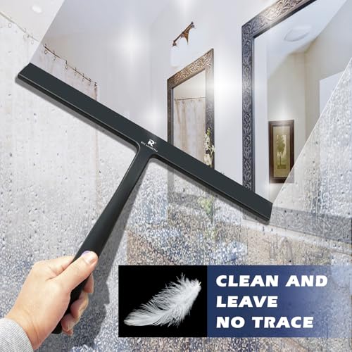 Image of Squeegee for Shower Door 14 Inch Wide Blade, 11 Inch Short Handle One-Piece Silicone with Stainless Steel Core, Non-Slip Grip Window Squeegee for Bathroom Mirror Car Windshield, Aluminum Hook (Black)