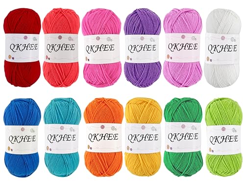 Image of Yarn for Crocheting and Knitting 12 * 1.76 Oz (50G) /195yd, Fine /Fingering Weight (1), 60% Cotton 40% Acrylic Soft Yarn kit for Making Sweater and amigurumi (Rainbow)