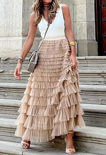 CHARTOU Women Layered Tiered Tulle Maxi Skirt Sheer Mesh A Line Skirt Flared Elastic Waist Long Cake Skirt Party3