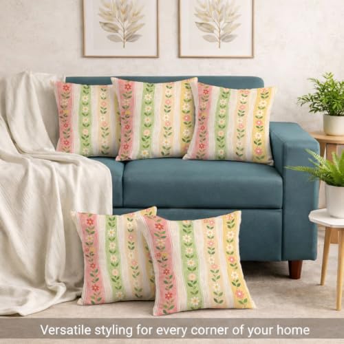 Image of STITCHNEST 'Little Meadow Series' Cushion Cover | Set of 5 | Floral Cushion Cover 16 inch x 16 inch