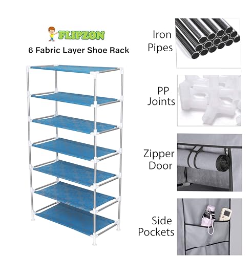 Image of FLIPZON Premium 6-Tiers Shoe Rack /Multipurpose Storage Rack with Dustproof Cover (Iron Pipes, Non Woven Fabric, Plastic Connector) (Blue Flower), Cm