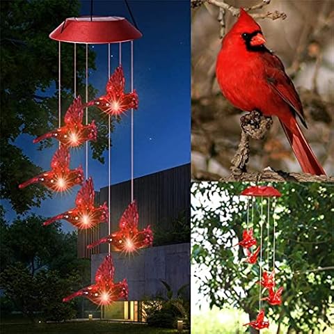 AIVEI Solar Cardinal Red Bird Wind Chime Led Light Cardinal Wind Chimes for Outside Red Birds Cardinals Decor Hummingbird Wind Chime Spinners Spiral String Garden Hanging Decorations (Red) Cover