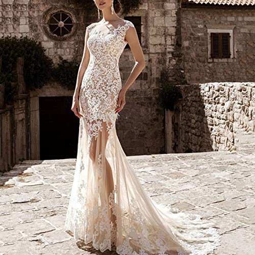 RyanBm Lang Brautkleider Hochzeitskleider Große Größen Satzes des 2 Elfenbein Brautkleid mit abnehmbarem Schleppe Ärmellos Spitze Tüll Applikationen Hochzeitskleid White Plus 56 Cover