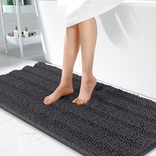 Image of OLANLY Thick Bathroom Runner Rugs 47x24, Extra Absorbent Chenille Striped Bath Rugs, Rubber Backing, Machine Wash Dry, Long Bath Mats for Bathroom, Tub and Shower, Home Decor Accessories, Dark Grey