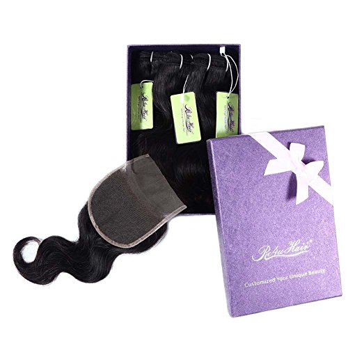 Indian Wavy Human Hair Bundles with Closure, Re4U Virgin Remy Human Hair Bundles Unprocessed No Shedding Hair Wefts Double Weft with Free Part Lace Closure (#1b 14 16 18 with 12")