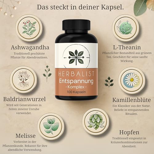 Herbalist Entspannung Komplex – Ashwagandha mit Baldrian, Melisse, Kamille, L- Theanin und Hopfen, 100 vegane Kapseln, ohne Koffein
