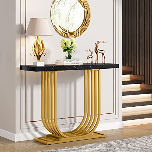 Tribesigns Modern Console Table with Gold Base, 39.4 Inch Faux Marble Entryway Foyer Table, Narrow Sofa Accent Table with Geometric Metal Legs for Living Room, Hallway, Entrance, Black & Gold Tribesigns Modern Console Table with Gold Base, 39.4 Inch Faux Marble Entryway Foyer Table, Narrow Sofa Accent Table with Geometric Metal Legs for Living Room, Hallway, Entrance, Black & Gold