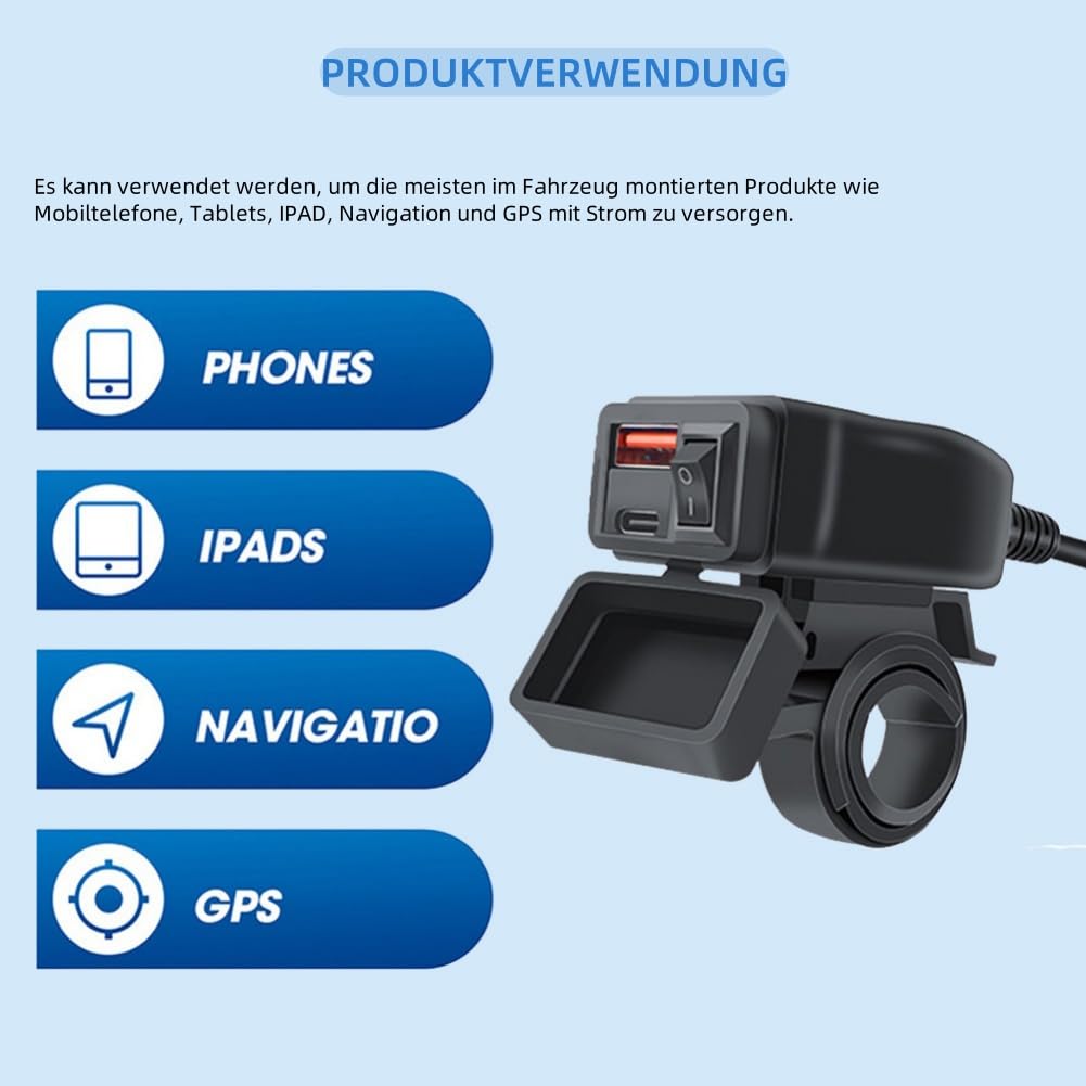 Dual USB Oplader voor Motorfiets, 3.0 Quick Charger, IP65 Waterdicht Autolader, met Onafhankelijke Schakelaar en LED-Voltmeter voor 12V Boot SUV Marine(blauw licht