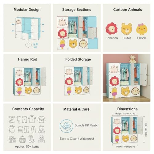 Image of Owme Collapsible Wardrobe for Clothes - DIY 9 Door Plastic Almirah for Clothes with Doors | Side Hanger, Foldable Wardrobe for Storage for Home | Storage Organizer for Clothes - Blue