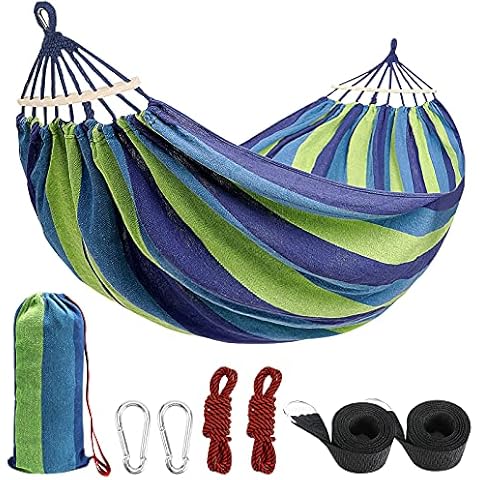 Outdoor Double Hammock, 2 Person Cotton Canvas Hammock 260*150cm,Up to 300KG Portable Hammock with with Carrying Bag Tree Straps & Ropes,Perfect for Camping Outdoor/Indoor Patio Backyard Cover