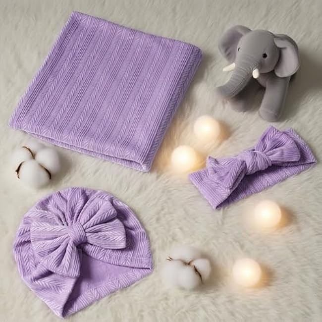Golener Muslin Swaddle Blankets,Sleepea Swaddle with Bow Headbands, Hats Set and Newborn Name Announcement Card, Stretchy Baby Blankets for Girls and Boys Unisex, Perfect for Newborn Photos (Purple)