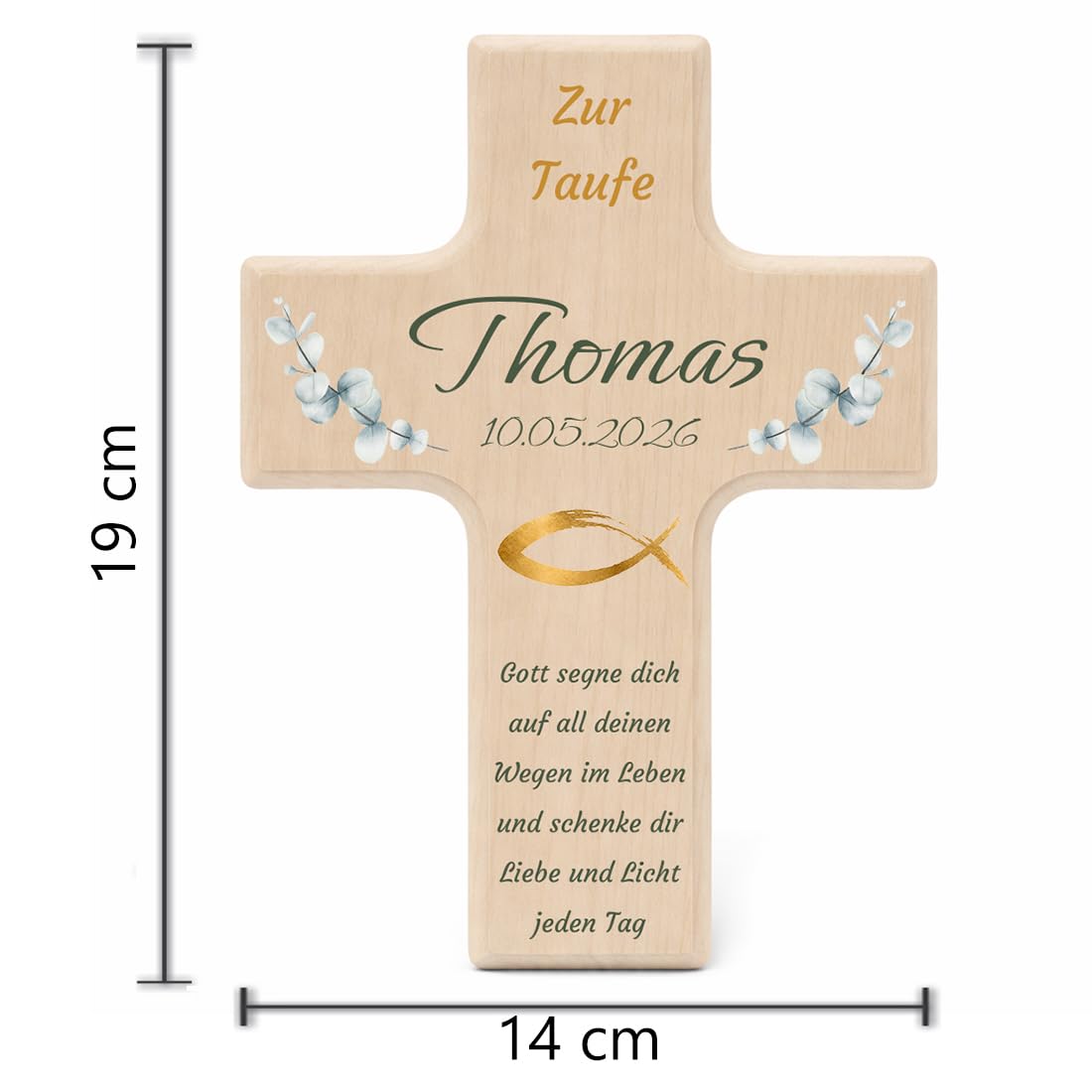 Personalisiertes Kinderkreuz zur Taufe, Kommunion & Konfirmation - Holzkreuz mit Name, Datum & Wunschtext - Christliches Kreuz für Jungen & Mädchen - Kranz Design mit Fisch, Baum oder Kreuz