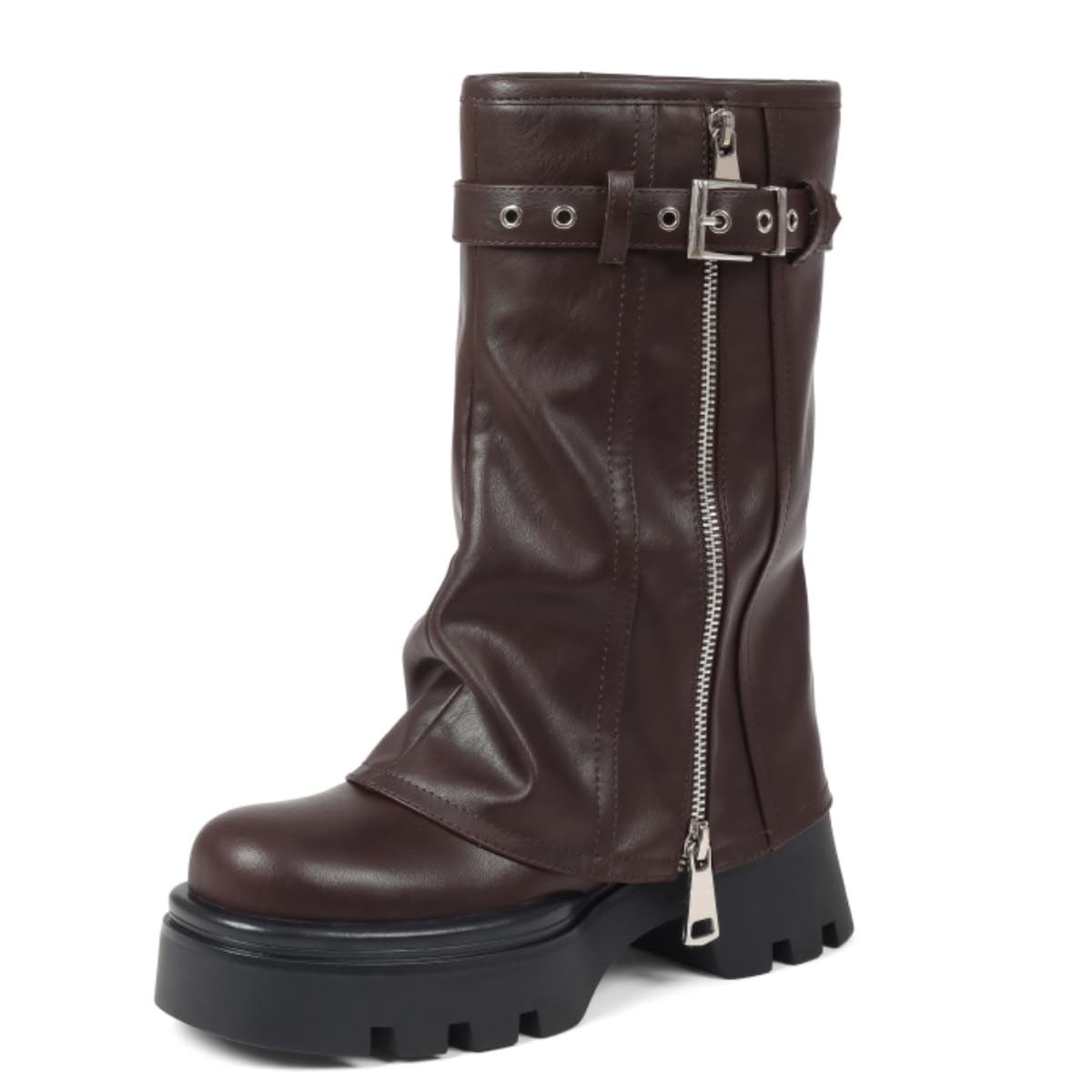 femflame Black Boots for Women Mid Calf Dress Boots Comfortable Slouchy Biker Motorcycle Riding Boots with Round Toe