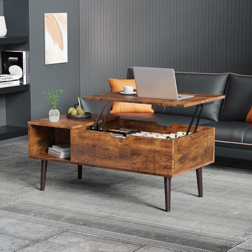 طاولة قهوة بسطح قابل للرفع لغرفة المعيشة والمكتب، طاولات مركزية خشبية صغيرة مع رف تخزين ومساحة تخزين مخفية من شولوفس (بني)