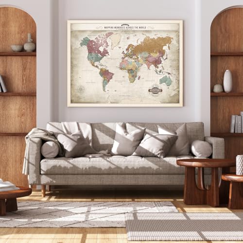 Image of DECORARTS - Oversized World Travel Map with Pins, Pin Board Canvas Wall Art, Extra Large Vintage Pastel World Maps for Wall, Giclee Print, Handcrafted in USA, 40x30''