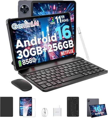 POPUX U11 Pro Tablet Android 16, 30GB RAM+256GB ROM+2TB TF, Batería 8580mAh Tablet con Teclado, Tablet 11 Pulgadas 90Hz HD IPS Tablets, Widevine L1, Gemini AI, Cámara 13MP+5MP/5G WiFi/3.5mm Audio/GPS