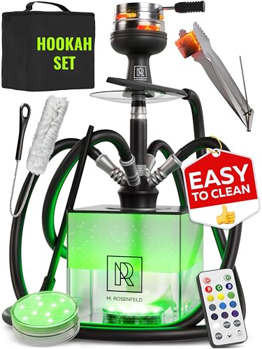 4 Hose Hookah Set with Everything Black Hooka 4 Hose Complete Kit with LED Light Remote Silicone Hoses Acrylic Base and Tongs Big Hookah Set with Accessories Premium Sisha Hooka