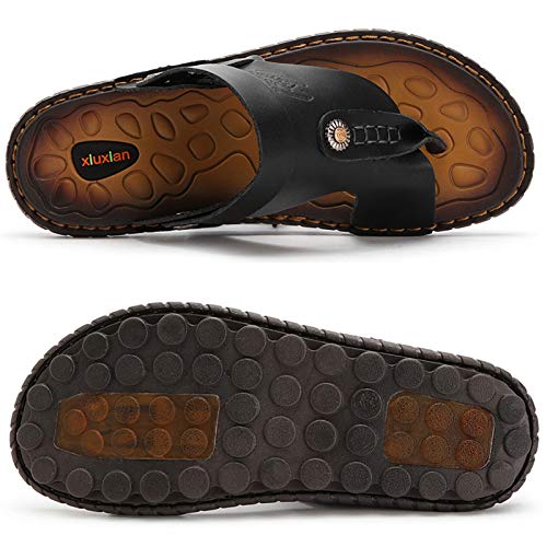 Mens Sandals Flip Flops for Men Shoes with Toe Ring Casual Summer Leather Black4