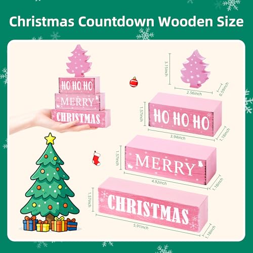 Image of 4 Pcs Christmas Wooden Tiered Tray Decor, Pink Merry Christmas Tree Decorations Gifts for Home, Winter Table Centerpiece for Xmas Party Kitchen Office