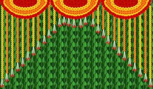 Image of Backdropon Hanging Marigold Flower and Banana Leaf Design Backdrop for Pooja Decoration Traditional Background Curtain Cloth for Festival Size 5Feet Height and 8Feet Width(5 * 8)