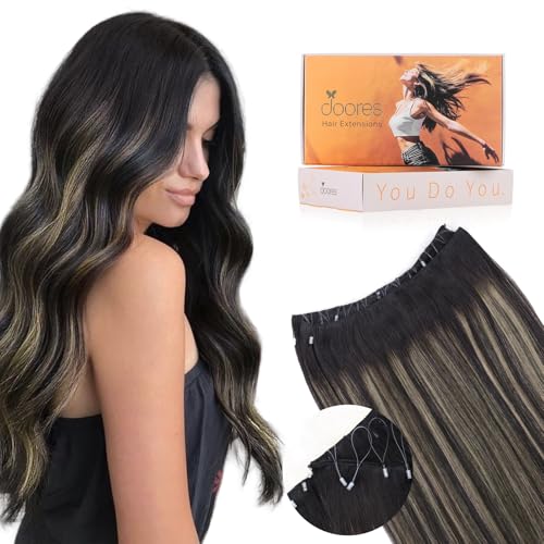 Image of DOORES Invisible Micro Beaded Weft Extensions Human Hair, 20 Inch Balayage Natural Black to Light Blonde 100g Beaded Weft Extensions,Remy Hair For Women Soft Silky Hair