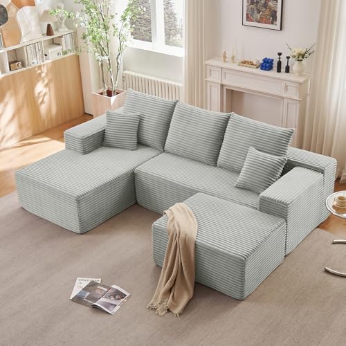 Image of Lakifun 107 inch L-Shape Sofa with Ottoman, Modern Modular Sectional Comfy U-Shape Cloud Couch, Deep Seat, Upholstered Corduroy Sleeper Chaise Longue for Living Room Bedroom, No Assembly Required, Grey