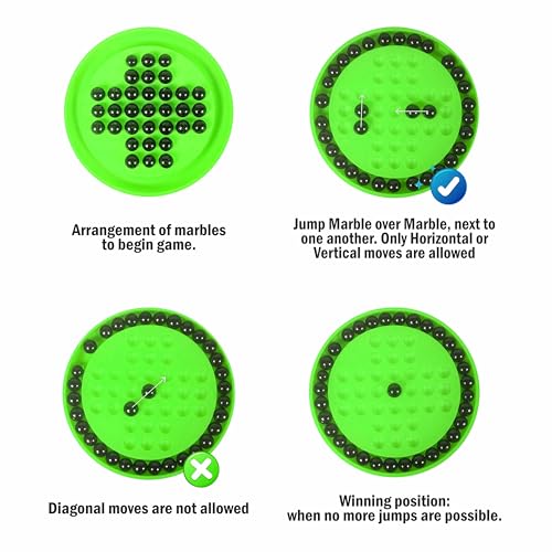 Image of Ankit Toys & Games Brainvita Solitaire Marble Peg Puzzle Board Game for Kids Adults Age 6+ Classic Brain Teaser Strategy Game with Glass Marbles Educational Travel Friendly Toy (Green)