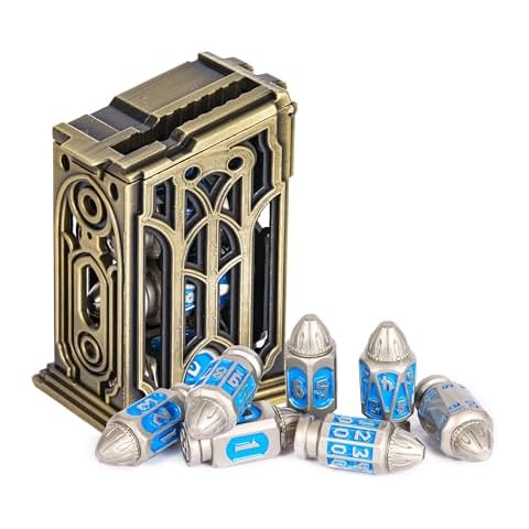 UDIXI Metal DND Bullet Dice Set with Magazine Container, 7-Die Polyhedral Dice Set Cyberpunk Style for Warhammer 40K, D&D, Sci-Fi, War or Other Tabletop Games（Nickel Blue） Cover