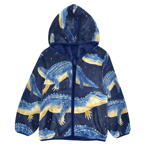 Blue Crocodile Pattern Print Toddler Fleece Jacket Girl Boys Hooded Fleece Jacket Coat Warm Outwear Zip-up 3-10T