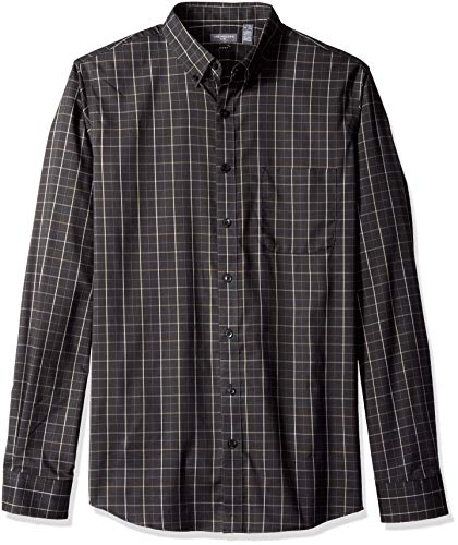 Van Heusen mens Slim Fit Flex Long Sleeve Stretch Windowpane Button Down Shirt, Black Stripe, Medium Slim US