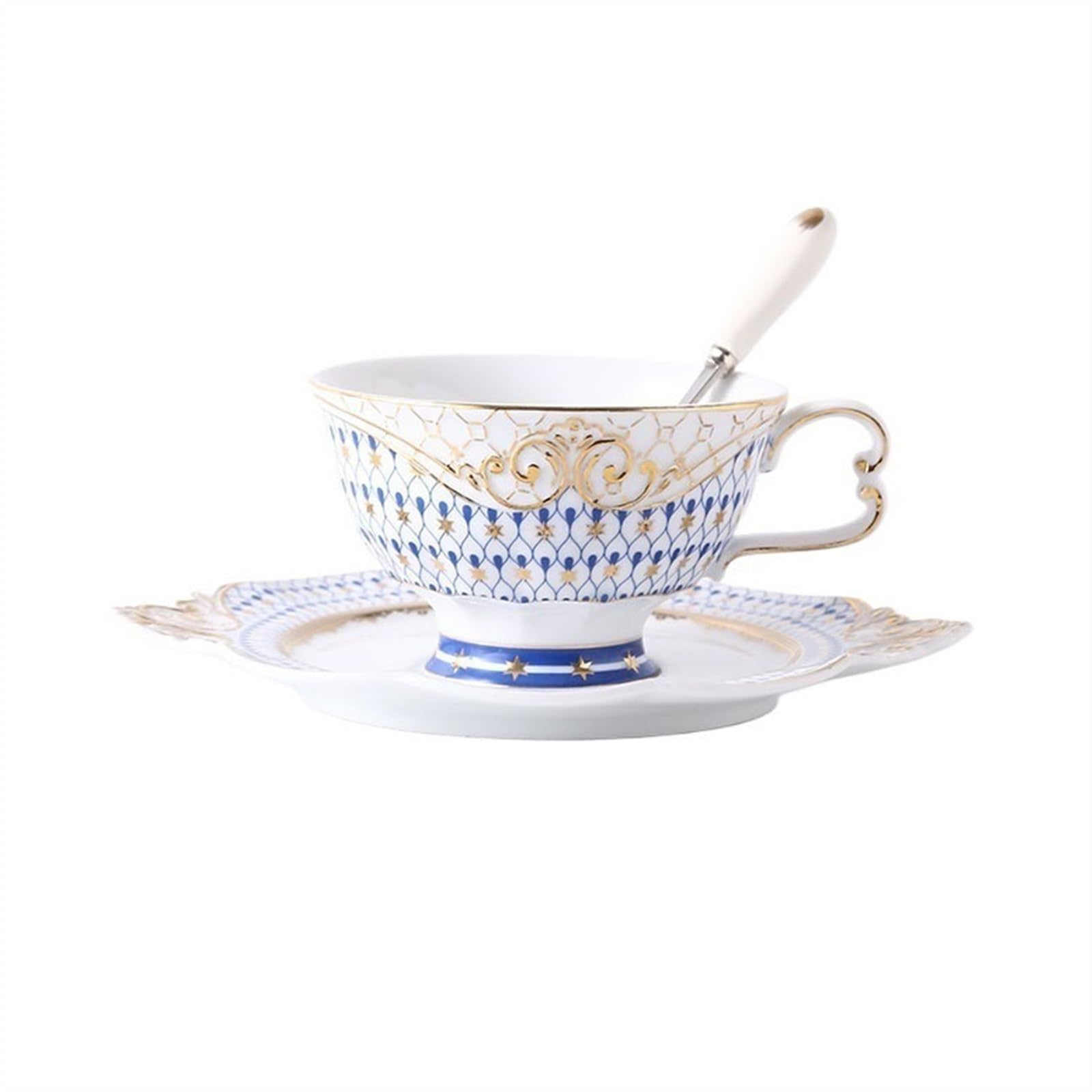 Filiżanki do herbaty Lekki luksusowy ceramiczny kubek do kawy do domu 200 ml Zestaw spodków do herbaty w stylu angielskim kwiat herbata łyżka do mleka(niebieski)