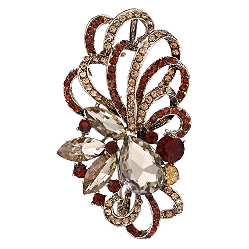 EVER FAITH Antique Gold-Tone Austrian Crystal Flower Ribbon Teardrop Brooch Pendant Brown