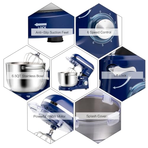 Image of Aucma Stand Mixer,6.5-QT 660W 6-Speed Tilt-Head Food Mixer, Kitchen Electric Mixer with Dough Hook, Wire Whip & Beater (Royal Blue, 6.5QT)