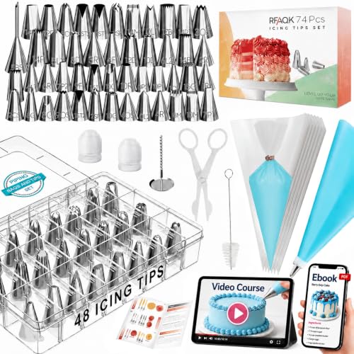 RFAQK 74 PCs Icing Piping Bags and Tips Set, Cake Decorating Kit with 48-Numbered Piping Tips, Anti Burst Pastry Bags for Cookie Cupcake Cake Decoration, Cake Decorating Tips Set with Booklet & E-book