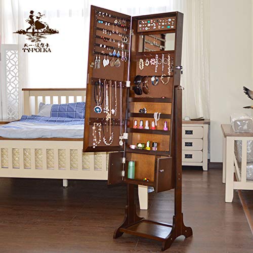 Preisvergleich Produktbild LHY SAVE Multifunctional Schmuckschrank Abschließbar Spiegelschrank Höhenverstellbarkeit Schmuckregal Mit 2 Kleinen Schubladen,37 * 120 * 9.5cm,Braun