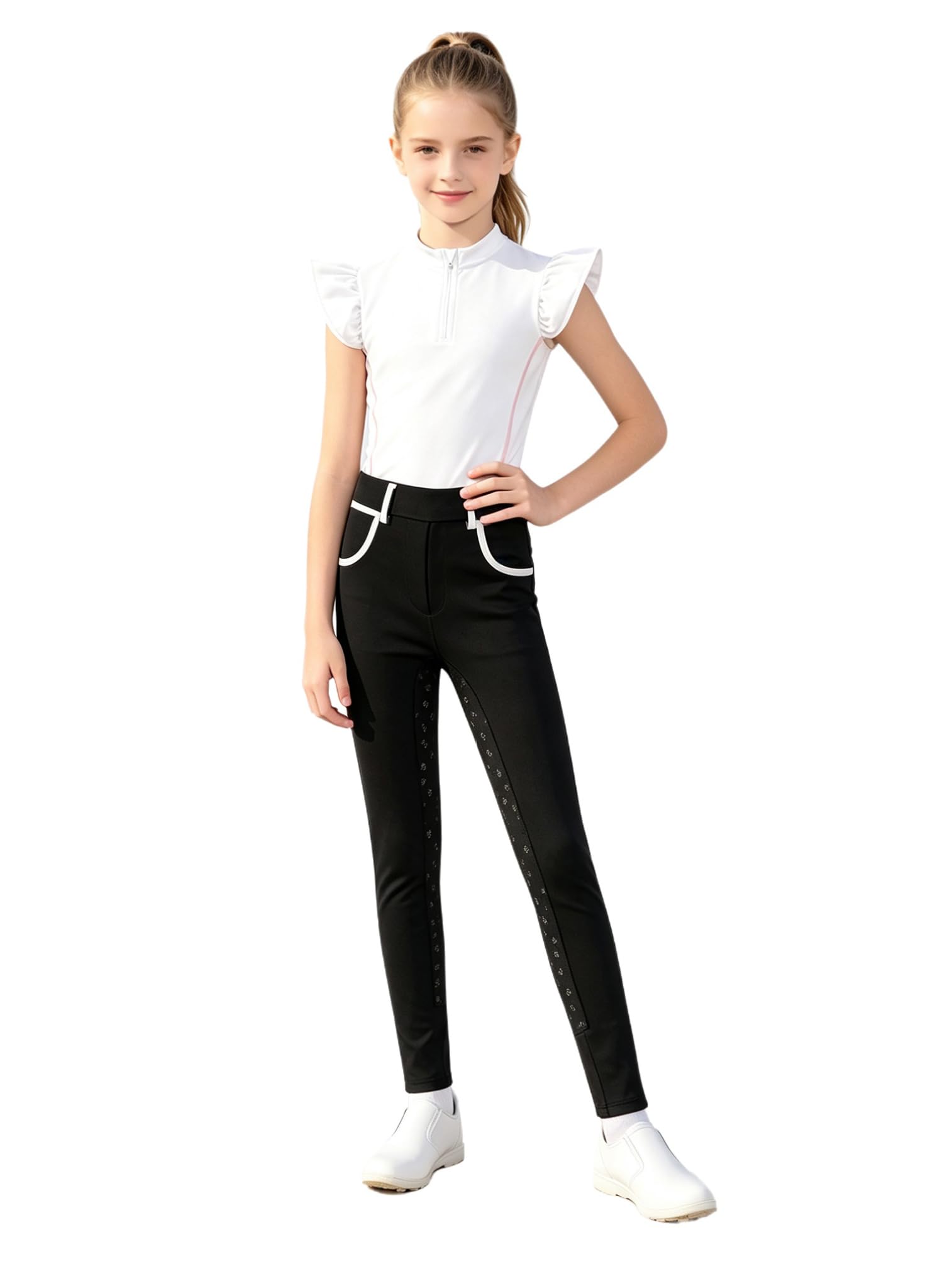 ranrann Niña Conjunto Deportivo Leggings Equitación Traje Gimnasia Deporte Blanco Negro 15-16 años