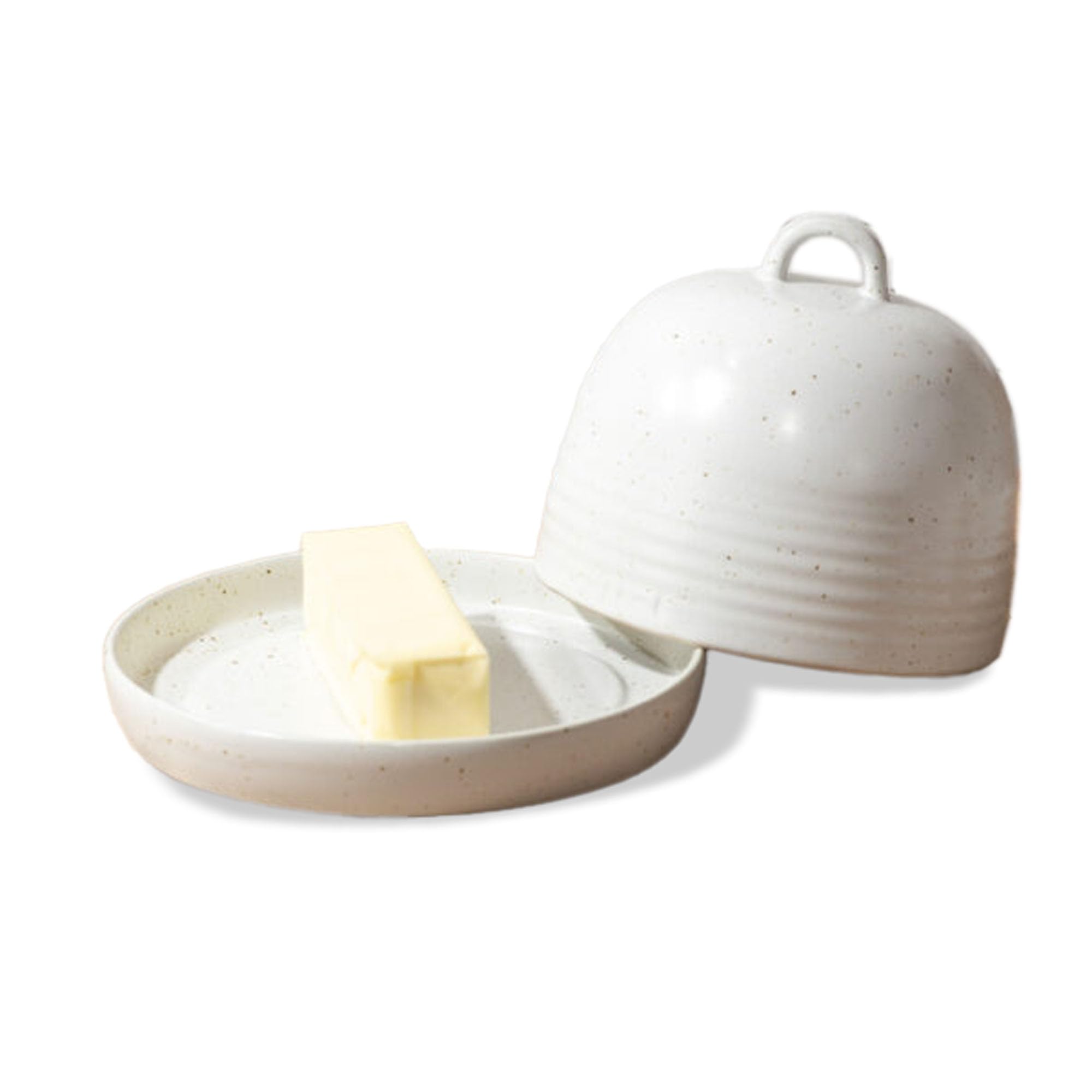 100 North PD Home & Garden Decorative and Functional Kitchen Décor 5 x 6.7 Inch Ceramic Lidded Butter Dish, 2 Piece Set, White Sand, Round