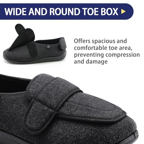Lumil Diabetic Slippers for Men Women Wide Width Wool Blended Adjustable Slip-Resistant Diabetic Shoes for Swollen Feet Men Edema Slippers Lymphedema Shoes Black,9 Wide,Black for Women3