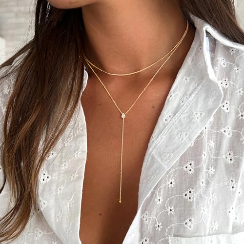 M MOOHAM Gold Lariat Necklace for Women - Dainty 14K Gold Plated Y-Shaped Long Drop Necklace Pearl Cross Clover Butterfly Cubic Zirconia Charm Layered Necklaces for Women Simple Jewelry Gifts3