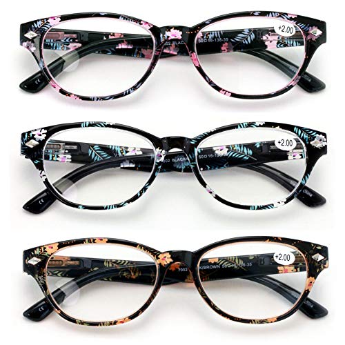 3 Pairs Women Classic Floral Readers With Spring Hinge - Oval Reading Glasses Magnification - Hawaiian (3 Pairs, 1.75)