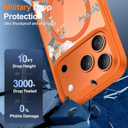 Image of VONZEE Back Cover Case Compatible with iPhone 17 Pro Max, Luxury Retro Flowers Floral Clear for Magnetic Wireless Charging Case Shockproof PC+TPU Cute Glossy Shiny Cover for Girls|6.9''|Cosmic Orange