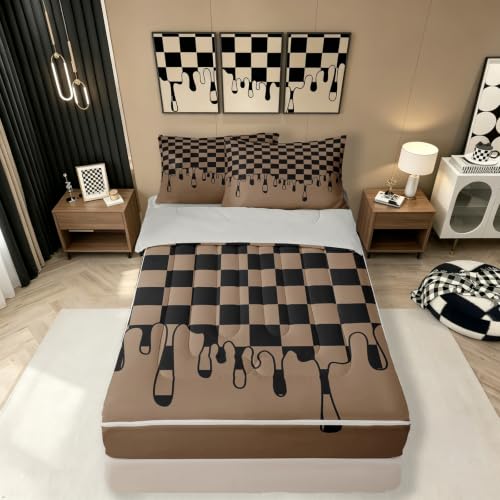 Image of Tan Black Brown Checkered Zipper Bedding Set Twin - 4 Piece Zip Up Comforter with Fitted Sheet & Pillowcases,Soft Bed-in-a-Bag Set Bedding for Girls,Checkerboard Drip Grunge Aesthetic Geometric