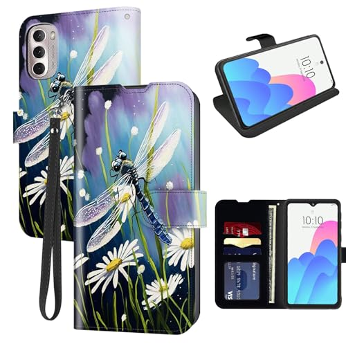 FUYOCWE for Moto G Stylus 5G 2022 Case Wallet for Motorola Stylus 5G 2022 Phone Case with Card Holder Slot,Leather Flip Cover w/Kickstand+RFID Blocking+Magnetic Snap-Dragonfly on the Daisies Florals