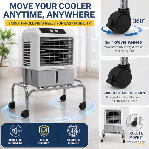 Image of Heavy-Duty Metal Cooler Stand with 360 Rotatable Wheels - Universal Fit for Kenstar, Bajaj, Symphony, Havels & Maharaja Coolers - Rust-Proof Powder Coated Finish - Sturdy & Durable Design (Black)