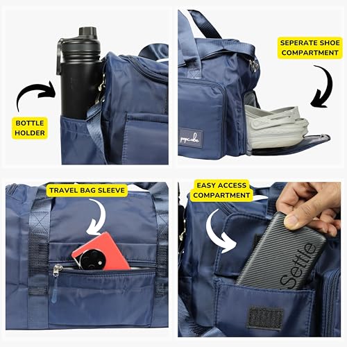 Image of POPCUBE Premium 45 cms Duffle Bag for Travel Sports Gym Shoulder Bag for Women with Wet Pocket & Shoe Compartment Weekender Overnight Travel Luggage Bag. (Style 2, Dark Blue)