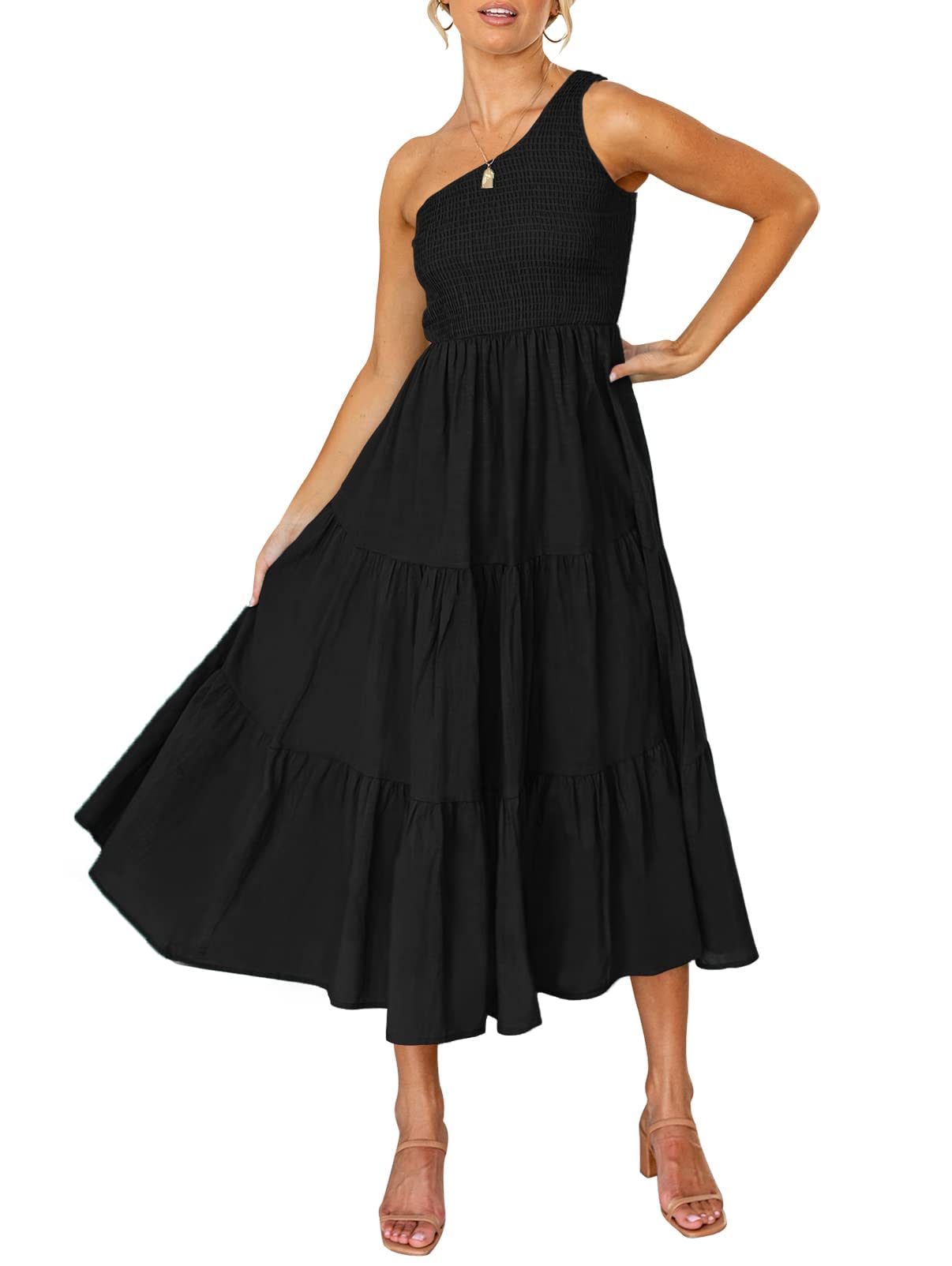 ZESICA Womens Summer Floral One Shoulder Midi Dresses | Sleeveless Long Dress, Ruffle Tiered, Fashion Smocked Dress, Boho, Smocked Bodice, Flowy A Line Dress, Beach Vacation Dress