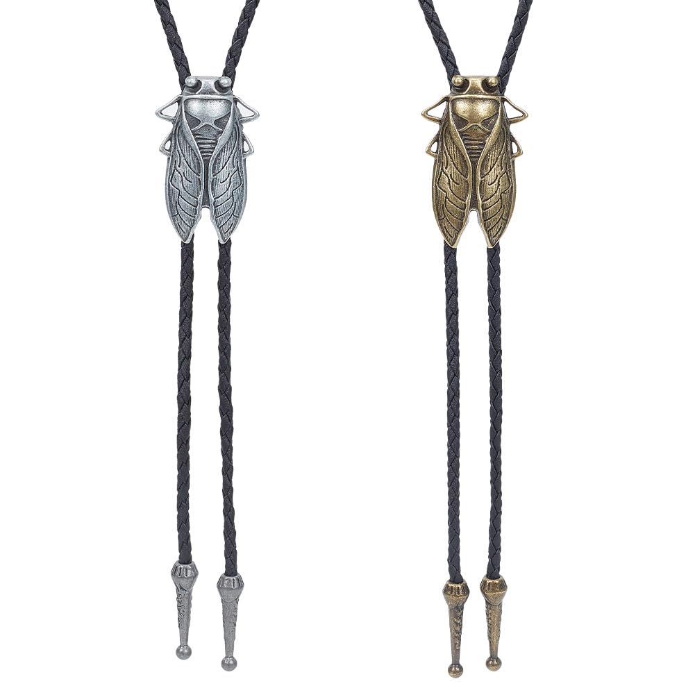 2 PCS Cravate Bolo Cicada - Cravate Western Cowboy Cuir Fait Main Or Et Argent Pour Costume Et Chemise