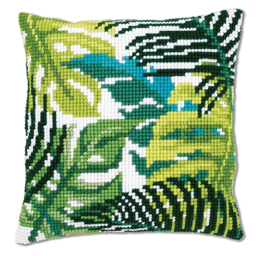 Vervaco Cross Stitch Embroidery Kits Pillow Front for Self-Embroidery with Pattern on 100% Cotton and Thread, 15,75 x Inches - 40 cm, Botanical Leaves